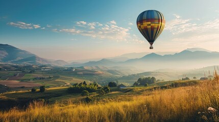  a hot air balloon flying in the sky over a lush green field with mountains in the background and a valley in the foreground with a few trees in the foreground.