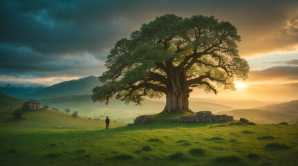 Viejo roble en un hermoso prado al atardecer con las montañas al fondo