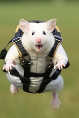 A white mouse wearing a parachute. Generative AI.