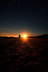 Obraz premium A man is standing in the middle of a field at sunset. Generative AI.