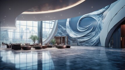 The lobby of a luxury hotel with a large circular design. Generative AI.