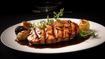 A piece of meat on a plate with sauce. Generative AI.