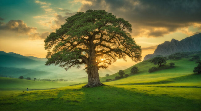Viejo roble en un hermoso prado al atardecer