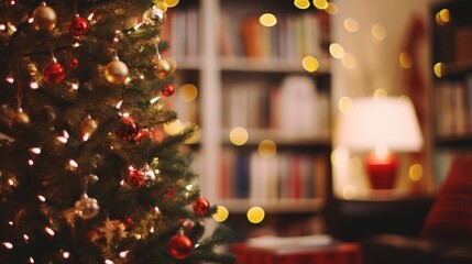 A christmas tree is in front of a bookcase. Generative AI.