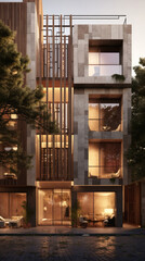 Modern apartment building with wooden accents. Generative AI.