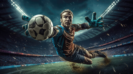 A soccer player is catching a ball in the air. Generative AI. - obrazy, fototapety, plakaty