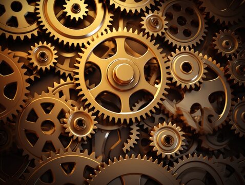 A group of gears on a black background. Generative AI.