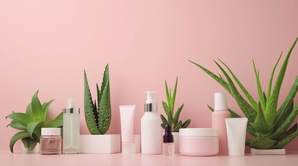 Bottle of cosmetic serum, aloe vera leaf and petri dishes with samples on pink background