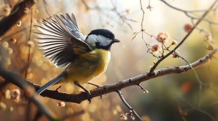 Fototapeta premium a small bird sitting on a tree branch with its wings spread and it's head turned to the side, with its wings spread wide open, with its wings spread, on a branch with.