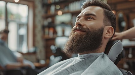 A bearded man sits contentedly in a barbershop chair, his hair being styled or cut by a barber.