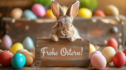 Osterhase hält Schild mit Aufschrift Frohe Ostern!