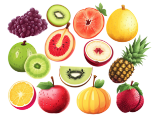 Blueberries, currants, grapes, and raspberries.  strawberries. Animated fruit and berry collection with lemon, peach, apple, pear, orange, watermelon, isolated on transparent background PNG.