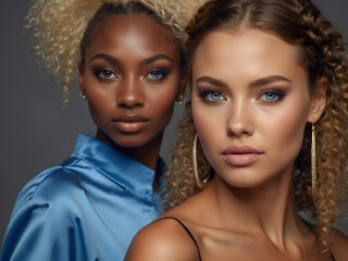 Obraz premium Portrait of two attractive African American women with blue eyes standing together, stylish hairstyle, curly hair, beautiful dark skin. Female friends.