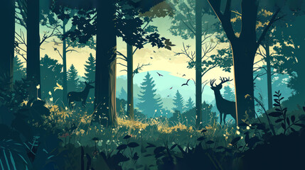  a painting of a forest with a deer in the foreground and a bird in the middle of the forest with a full moon in the sky in the background.