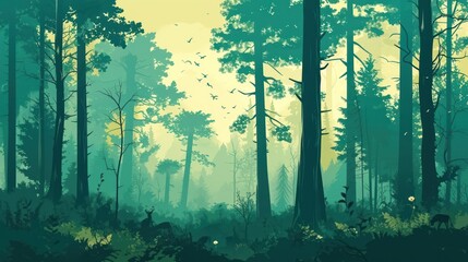  a painting of a forest filled with lots of tall trees and animals in the middle of the forest, with the sun shining through the trees to the forest floor.