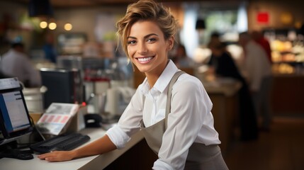 Portrait of a smiling young woman wearing an apron in a supermarket