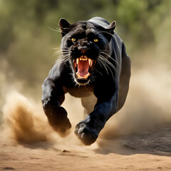 black leopard, panthera pardus, walking towards, staring at the camera and showing his teeth, jump