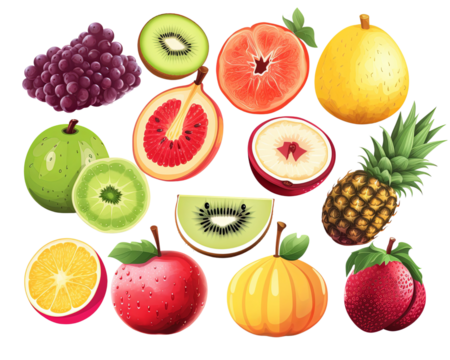 Blueberries, currants, grapes, and raspberries.  strawberries. Animated fruit and berry collection with lemon, peach, apple, pear, orange, watermelon, isolated on transparent background PNG.