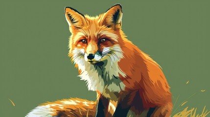 Obraz premium a painting of a red fox sitting on top of a grass covered field with it's head turned to the side and eyes wide open, with its mouth wide open.