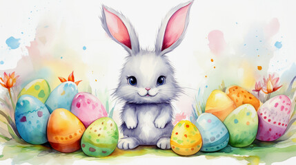 watercolor illustration of a white easter bunny in the middle of colored easter eggs