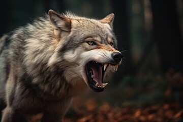 angry grey wolf in a dark forest