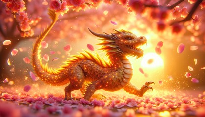 Fototapeta premium Playful Dragon Hatchling Among Falling Cherry Blossoms at Sunrise Welcoming Lunar New Year
