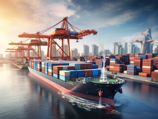 Naklejka premium Cargo Ship Departing Port. A laden container ship leaves port against a city backdrop under a clear sky