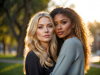 Portrait of two women best friends posing together outdoors. Caucasian woman standing next to her African friend looking at the camera. Multicultural friendship concept.