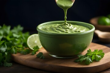 	
Healthy breakfast with green different items mix blended and yogurt on black and marble bowl