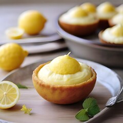 Healthy breakfast with lemon different items mix blended and yogurt on black and marble bowl