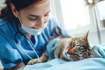 Young female veterinary doctor worries about a young cat with illness.