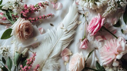  a white feather surrounded by pink and white flowers and greenery on a white sheet with a pink and white flower arrangement on top of the sheet is surrounded by pink and white flowers.