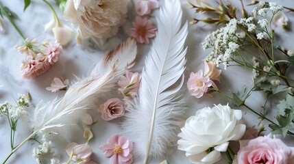  a bunch of flowers and a white feather on a table with pink and white flowers and a white vase with pink and white flowers on the side of the table.