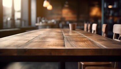 Photo empty wood table top on abstract blurred restaurant and cafe background