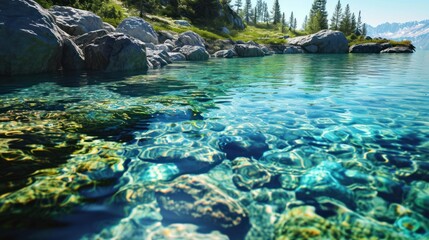  a body of water with rocks and trees in the background and a mountain range in the distance with a body of water with rocks and trees in the foreground.