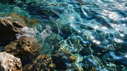 Obraz premium a body of water with rocks and a rock in the foreground and a body of water with rocks in the foreground and a rock in the foreground.