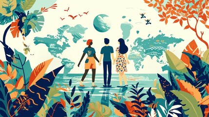  a man and a woman are walking through a jungle with a map of the world on the wall in the background and birds flying in the sky in the distance.
