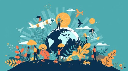  a group of people standing on top of a globe surrounded by plants and other things on a blue background with a plane flying over the top of the globe in the sky.