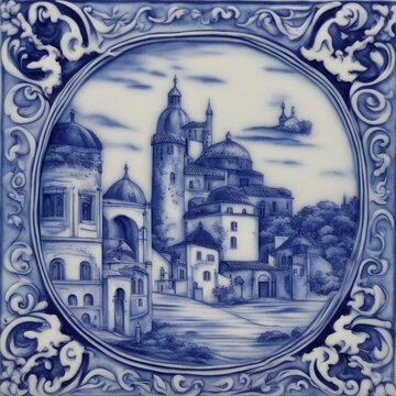 church of the holy sepulchre  A blue tile with a Fado scene and a Sintra element on a white background 