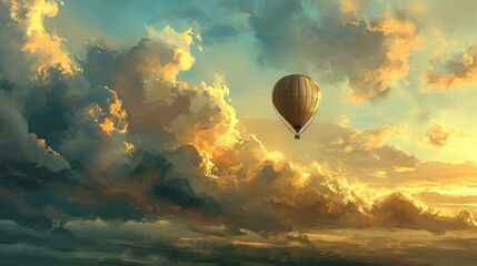  a painting of a hot air balloon flying through a cloudy sky with the sun peeking through the clouds and the clouds in the foreground are yellow and dark blue.