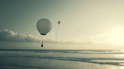  a couple of hot air balloons flying over a body of water on a cloudy day with a bottle in the air and a bottle in the middle of the air. - obrazy, fototapety, plakaty