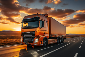 European truck vehicle on motorway with dramatic sunset light. Cargo transportation and supply theme. - obrazy, fototapety, plakaty