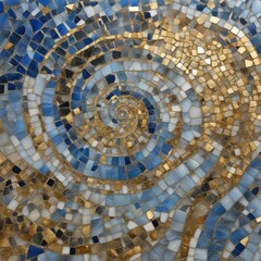 mosaic ceiling of a mosque country  A spiral mosaic of blue and gold. The spiral mosaic is made of small pieces of agate and granite,  