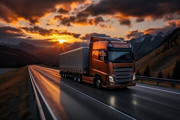 European truck vehicle on motorway with dramatic sunset light. Cargo transportation and supply theme. - obrazy, fototapety, plakaty
