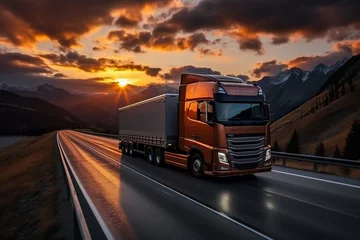 Fotobehang European truck vehicle on motorway with dramatic sunset light. Cargo transportation and supply theme. © MALIK