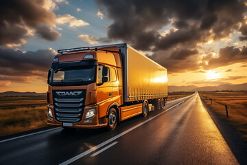 Fototapeta na wymiar European truck vehicle on motorway with dramatic sunset light. Cargo transportation and supply theme.