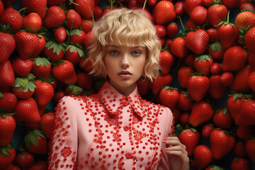 Fototapeta na wymiar portrait of a girl with short blond hair on a background of strawberries
