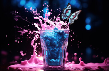 A glass glass with a cocktail, splashes flying from it and a blue butterfly