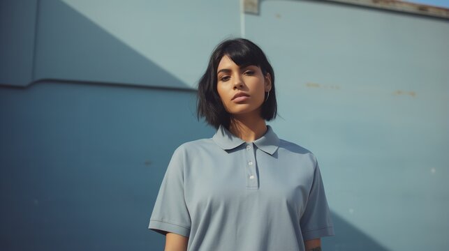 Portrait of a young woman in a blue polo shirt