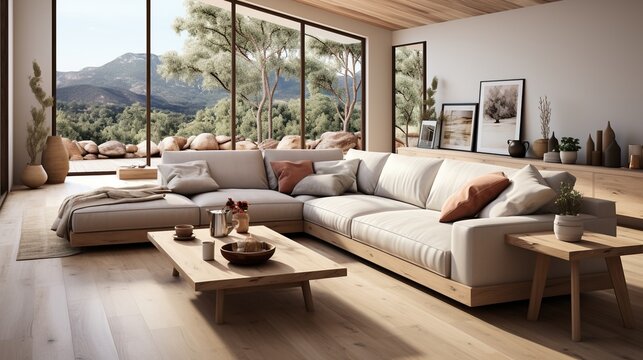Modern living room interior design with large windows and comfortable sofa